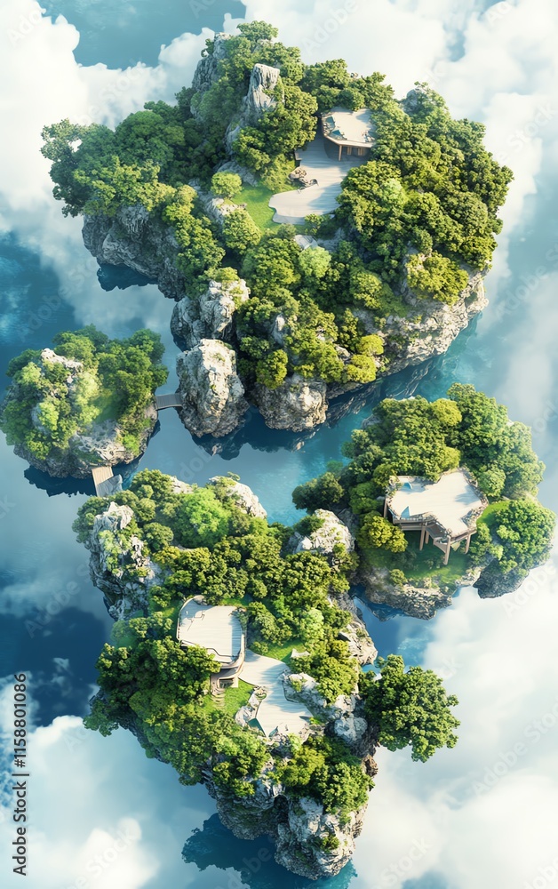 Aerial view of a stunning, lush tropical island paradise. Multiple islets with buildings, rocks, and vibrant greenery are surrounded by clear water and clouds. Aerial view of a stunning, lush tropical island paradise. Multiple islets with buildings, rocks, and vibrant greenery are surrounded by clear water and clouds.