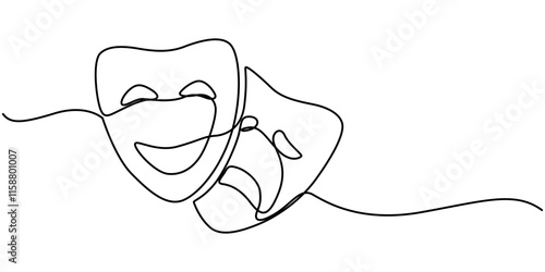 World theater day banner design, with character mask sketch, continuous one line drawing, vector illustration,  Theater mask tragedy and humor one line continuous line art. Character mask sketch. 