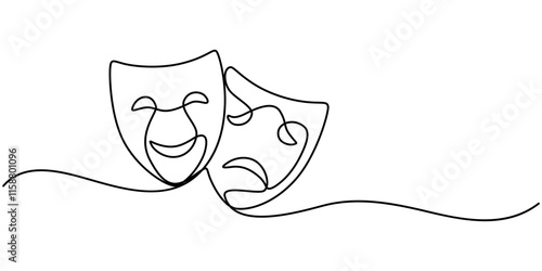 World theater day banner design, with character mask sketch, continuous one line drawing, vector illustration,  Theater mask tragedy and humor one line continuous line art. Character mask sketch. 