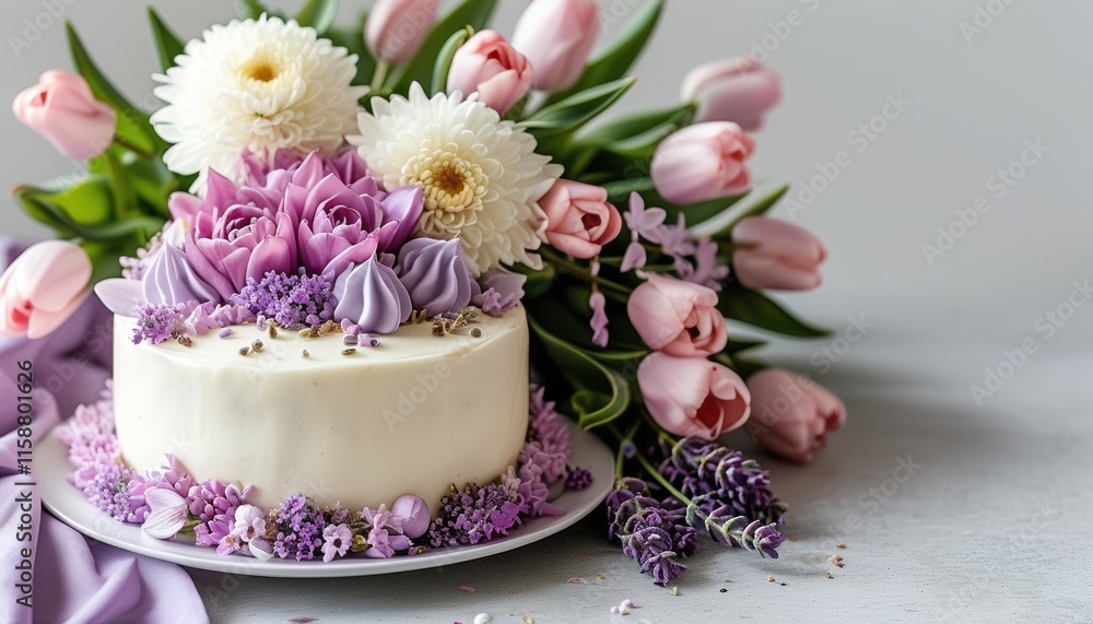 Elegant floral cake and pink tulips with space for text Elegant floral cake and pink tulips with space for text