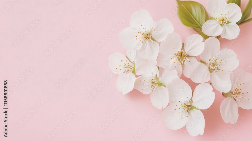 A cluster of delicate white cherry blossoms against a soft pink background, close-up shot, Minimalist style