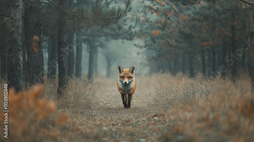 striking red fox trotting through misty forest path, surrounded by trees and autumn foliage photo