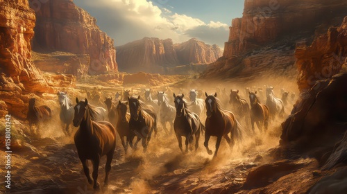 Herd of wild horses galloping through a majestic canyon at sunset, dust swirling around them. photo