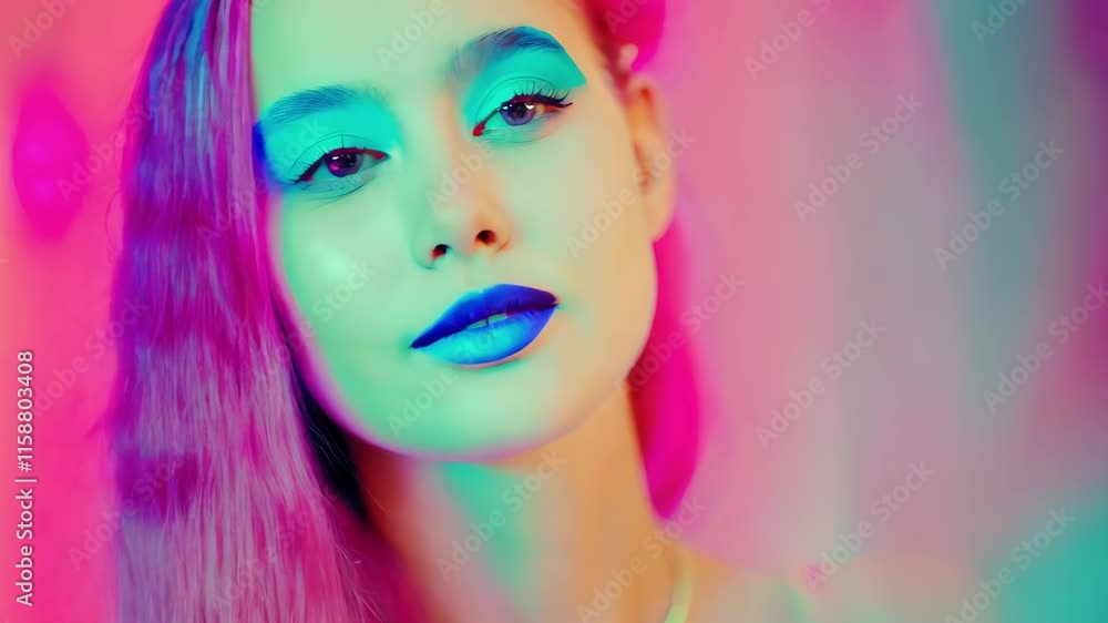Neon illumination casting magenta and turquoise glows across fashion model's dramatic makeup during creative studio photoshoot Neon illumination casting magenta and turquoise glows across fashion model's dramatic makeup during creative studio photoshoot
