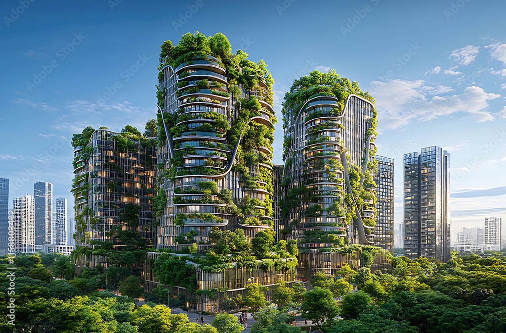 Futuristic eco-friendly skyscrapers covered in lush greenery, nestled amongst a city skyline under a vibrant blue sky. Futuristic eco-friendly skyscrapers covered in lush greenery, nestled amongst a city skyline under a vibrant blue sky.