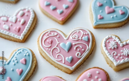 Cute heart-shaped cookies with intricate icing decorations for valentines day