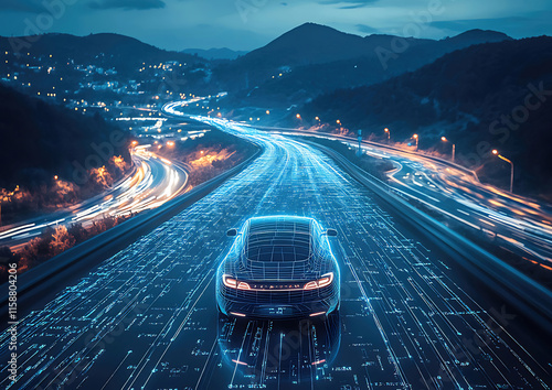 Autonomous electric car driving on a highway at night, surrounded by digital data streams. photo