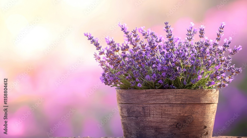 Fototapeta premium Lavender flowers in a rustic pot, soft background.