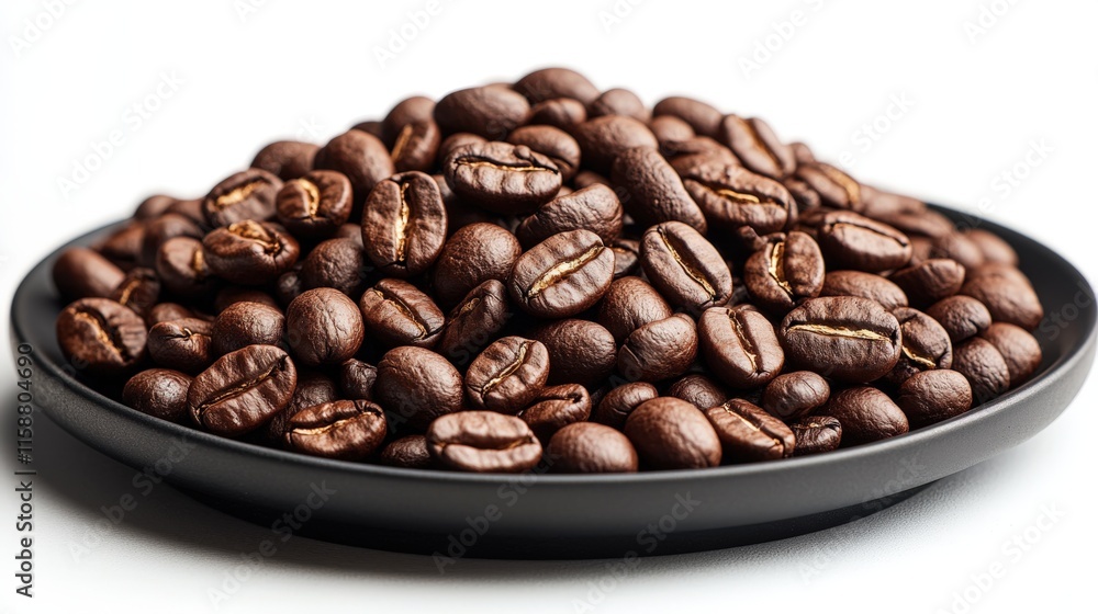 Fototapeta premium Roasted coffee beans on a matte black plate against a white background