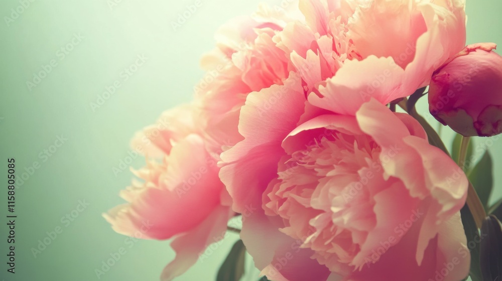 A cluster of vibrant pink peonies on a soft sage green background, close-up shot, Minimalist style A cluster of vibrant pink peonies on a soft sage green background, close-up shot, Minimalist style