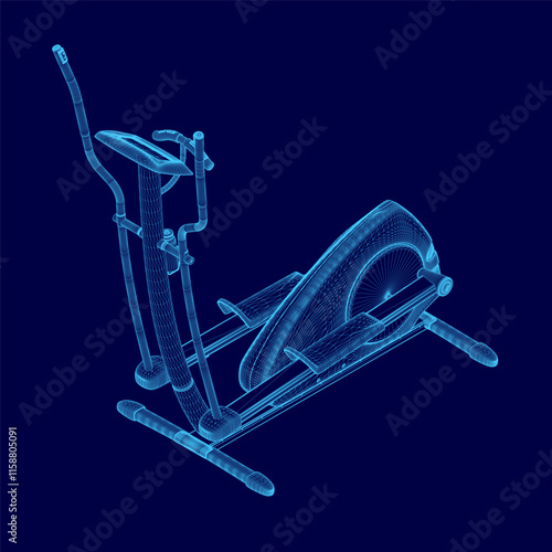 Blue image of a stationary bike. The bike is shown in a 3D, with a blue background. The bike is positioned in the foreground, with the handlebars and pedals clearly visible