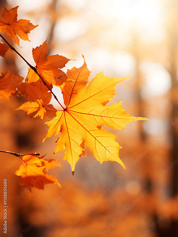 Close-up of vibrant yellow and orange autumn maple leaves on a branch, backlit by sunlight. Close-up of vibrant yellow and orange autumn maple leaves on a branch, backlit by sunlight.