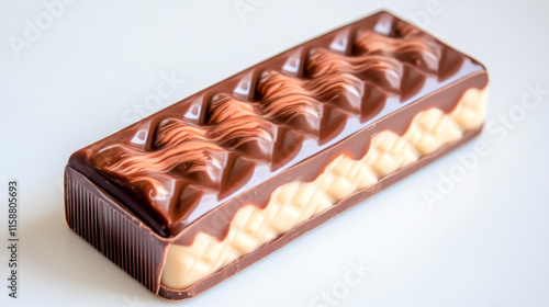 Chocolate Bar Close-up: A single chocolate bar with intricate patterns and textures, showcasing the rich, luxurious appeal of premium chocolate. The smooth. photo