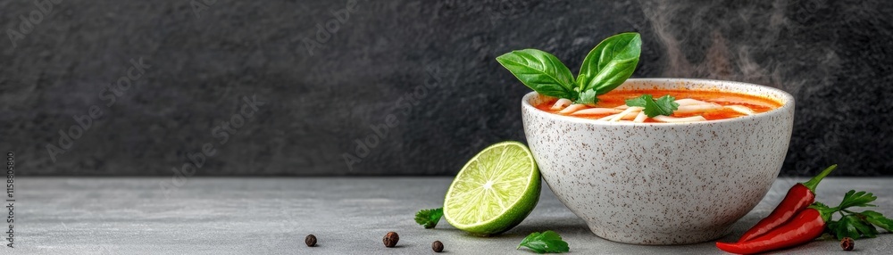 Fresh and Flavorful Soup with Lime and Herbs in a Modern Kitchen Setting Fresh and Flavorful Soup with Lime and Herbs in a Modern Kitchen Setting