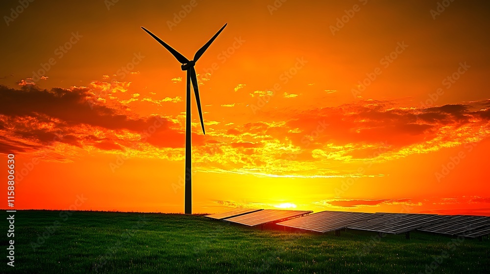 Obraz premium Wind Turbine and Solar Panels at Sunset