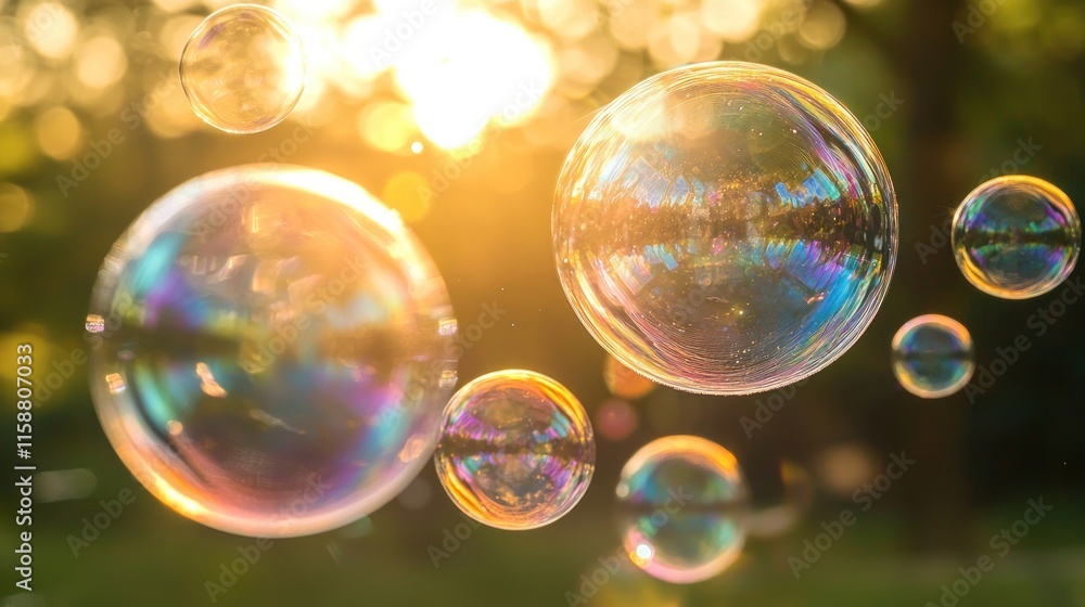 Sparkling soap bubbles floating in sunset light. Sparkling soap bubbles floating in sunset light.