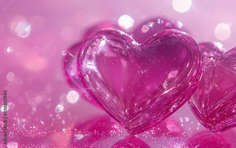 Obraz premium Bright magenta background with sparkles and overlapping transparent hearts for valentines day