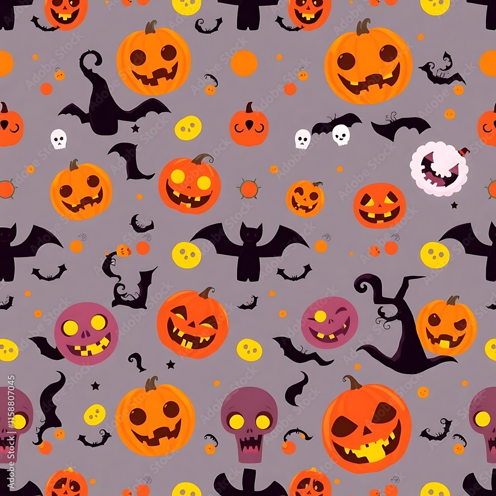 Spooky Halloween Seamless Pattern: A festive and playful Halloween pattern featuring pumpkins, bats, skulls, and ghosts. Perfect for adding a touch of spooky fun to your designs. Spooky Halloween Seamless Pattern: A festive and playful Halloween pattern featuring pumpkins, bats, skulls, and ghosts. Perfect for adding a touch of spooky fun to your designs.