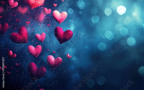 Bold navy blue background with glowing pink and red hearts floating elegantly for valentines day