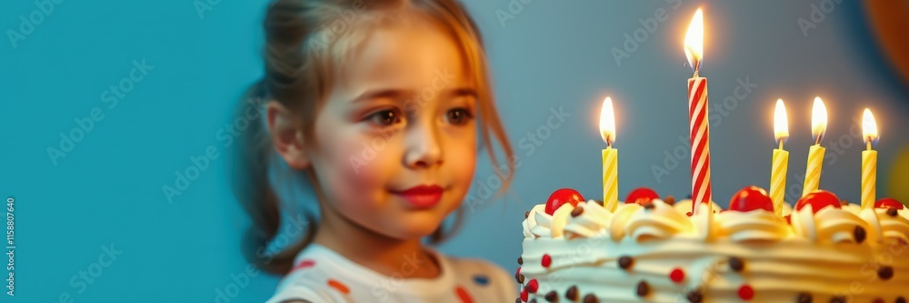 Young girl celebrating her birthday with a colorful cake and candles in a warmly lit room