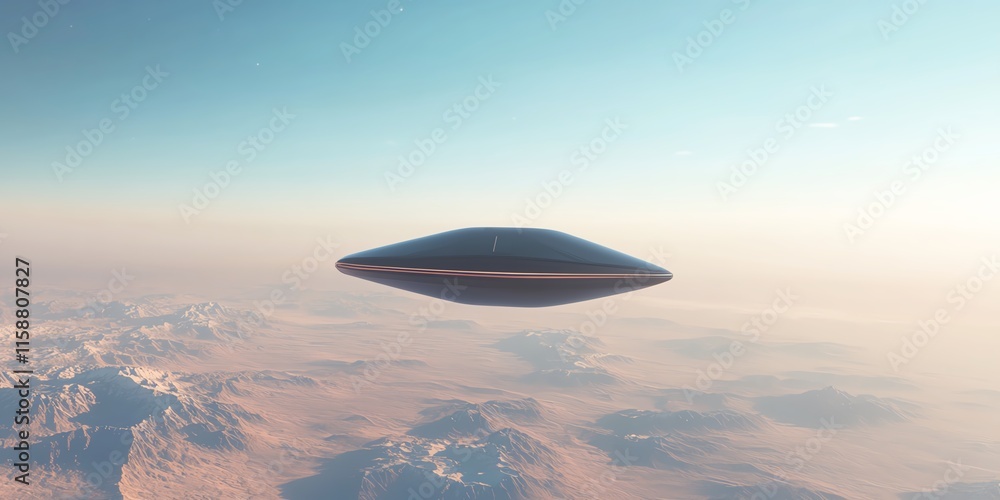 Futuristic spaceship soaring above a serene, snow-capped mountain range at sunset. A digital painting of science fiction exploration. Futuristic spaceship soaring above a serene, snow-capped mountain range at sunset. A digital painting of science fiction exploration.