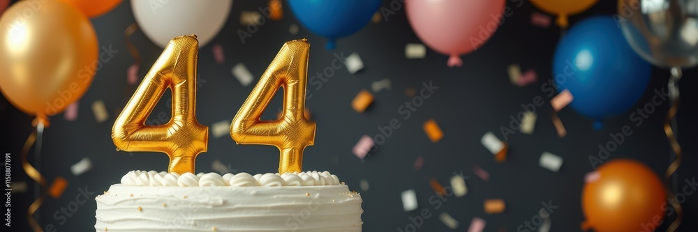 Celebration with a cake featuring golden number candles signifying a special 44th birthday milestone in a festive setting Celebration with a cake featuring golden number candles signifying a special 44th birthday milestone in a festive setting