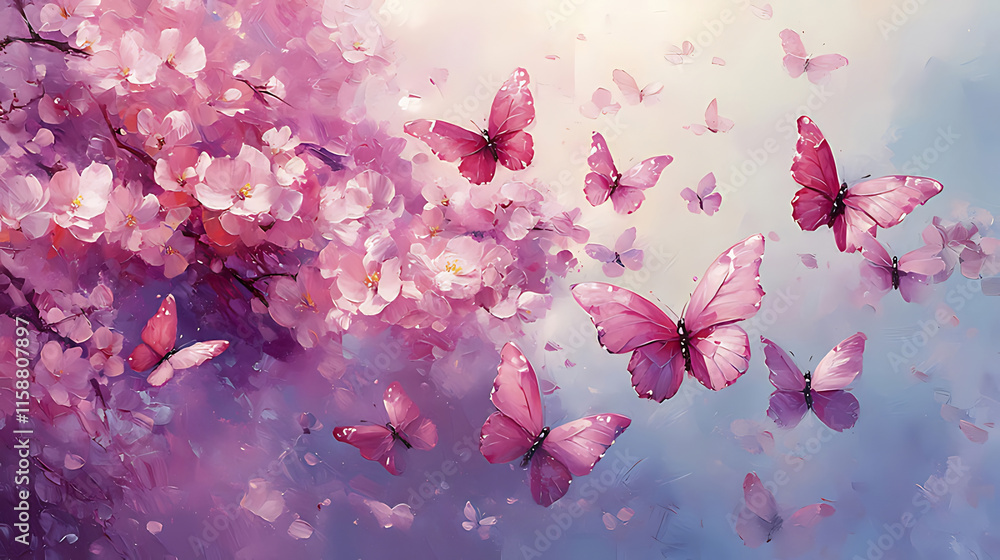 Pink butterflies flutter around blooming cherry blossoms in a dreamy, pastel landscape. Pink butterflies flutter around blooming cherry blossoms in a dreamy, pastel landscape.