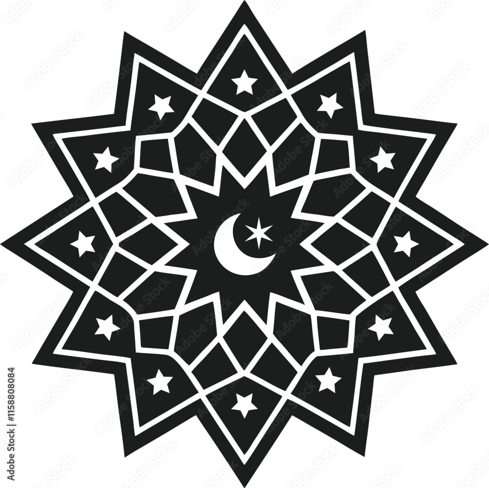 Islamic Geometric Star Pattern with Crescent Moon and Stars Silhouette Vector Islamic Geometric Star Pattern with Crescent Moon and Stars Silhouette Vector
