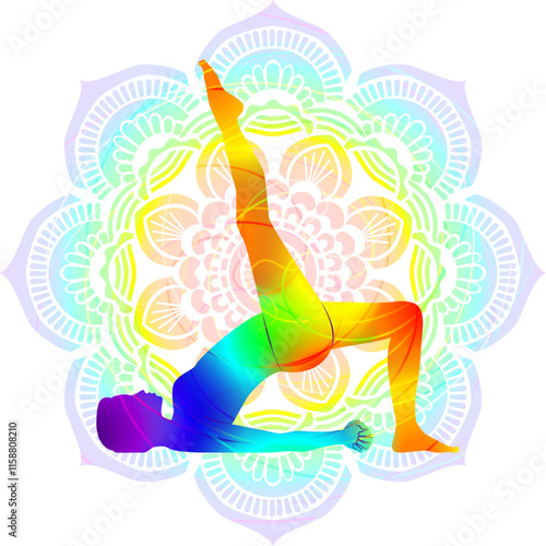 Colorful silhouette of woman practicing Eka Pada Setu Bandha Sarvangasana yoga pose. One Legged Bridge pose.Isolated vector illustration