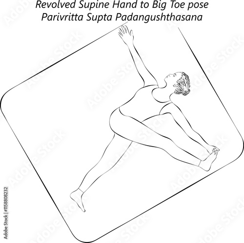 Sketch of young woman practicing Parivritta Supta Padangushthasana yoga pose.Revolved Supine Hand to Big Toe pose. Isolated vector illustration.