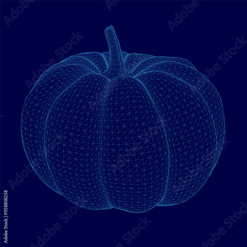 Blue image of a pumpkin. The pumpkin is shown in a 3D format, with a stem and a leaf. The image has a futuristic and artistic feel to it