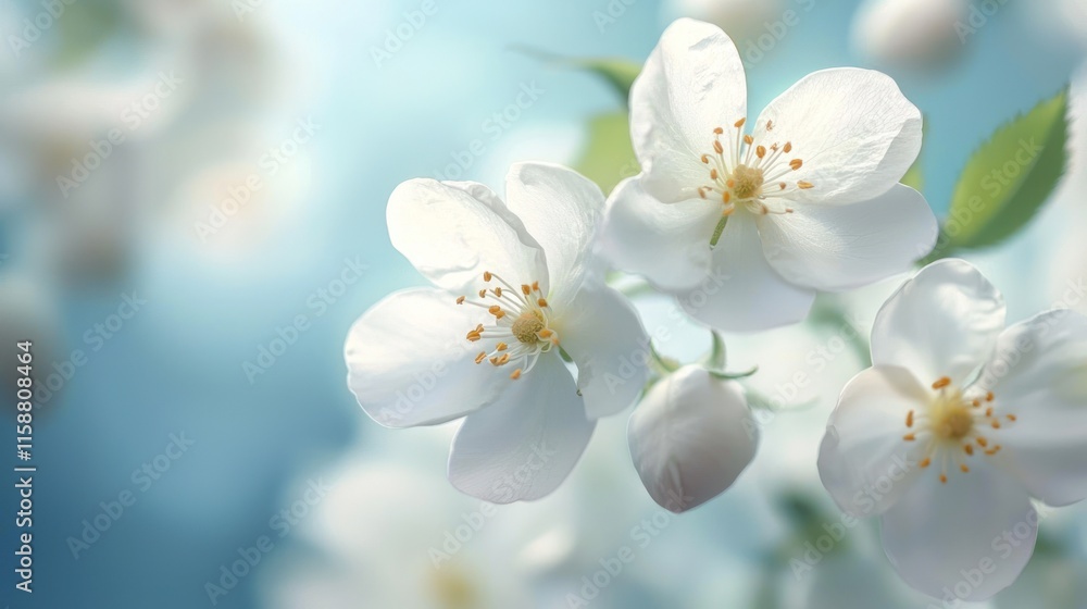 Close-up of delicate white apple blossoms against a soft blue background. Close-up of delicate white apple blossoms against a soft blue background.