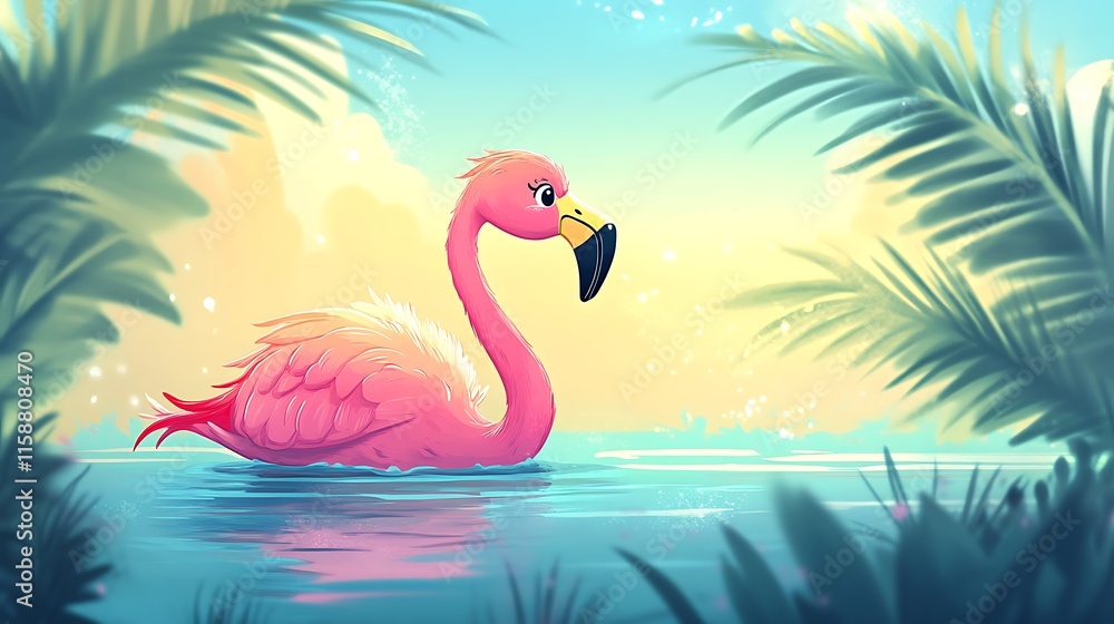 Naklejka premium A whimsical pink flamingo swims in a tranquil water setting surrounded by lush greenery.