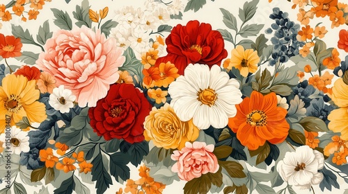 Vibrant Floral Pattern with Colorful Roses and Wildflowers Design