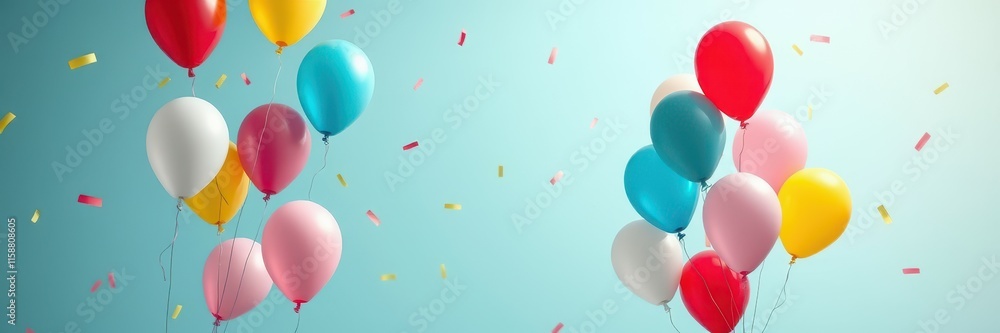 Colorful balloons float against a light blue background during a festive celebration with confetti in the air Colorful balloons float against a light blue background during a festive celebration with confetti in the air