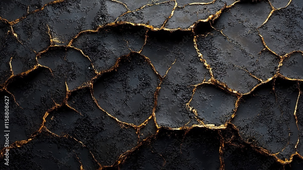 A close-up of the cracked surface texture of obsidian, with gold veins running through it, against an all-black background. A close-up of the cracked surface texture of obsidian, with gold veins running through it, against an all-black background.
