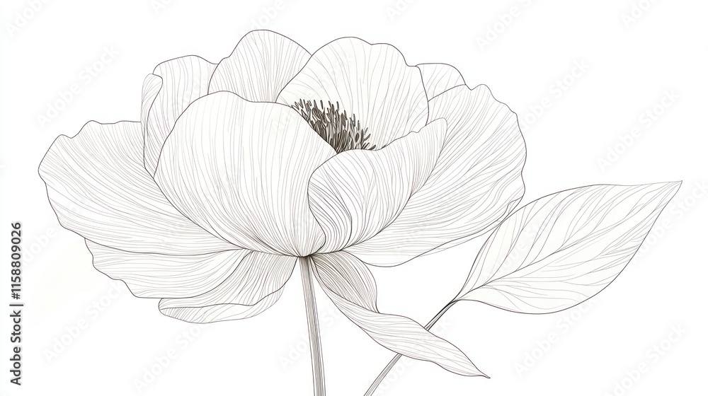 Fototapeta premium Elegant line art drawing of a single peony blossom and leaves.