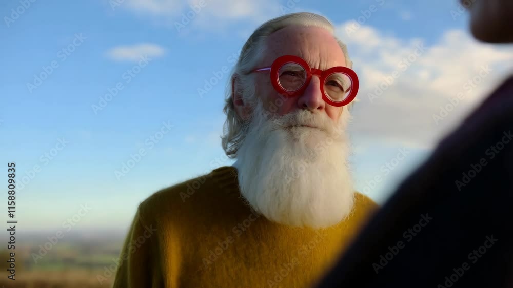 Friendly senior with white beard and red glasses engaging in heartfelt outdoor conversation, sharing wisdom and experience under sunny blue sky Friendly senior with white beard and red glasses engaging in heartfelt outdoor conversation, sharing wisdom and experience under sunny blue sky