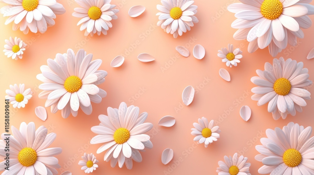 Peach background with scattered white daisies and petals. Peach background with scattered white daisies and petals.