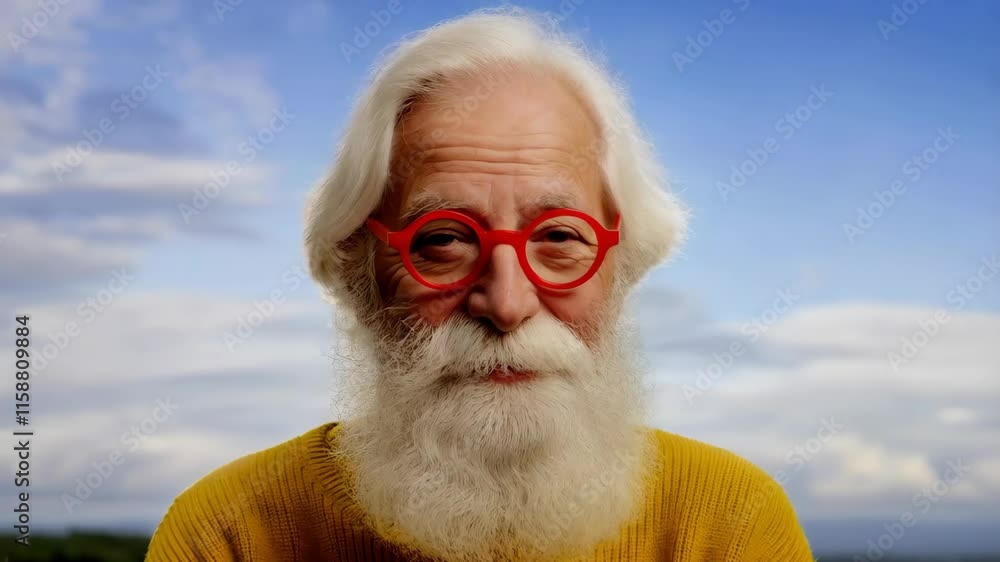 Close up portrait of smiling senior man with red glasses and white beard, posing against blue sky Close up portrait of smiling senior man with red glasses and white beard, posing against blue sky