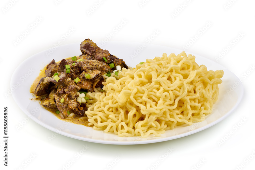 Stir-fried liver with noodles and green onion on white plate, isolated on white background.