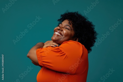 Joyful Expression of Middle-Aged Woman in Minimalist Style for Positive Vibe Design photo