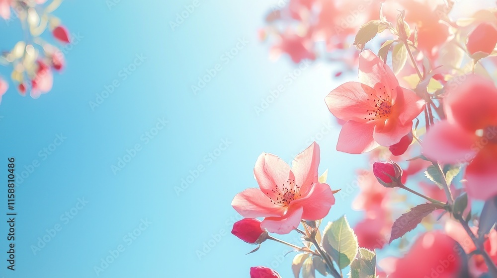 Fototapeta premium Sunny pink flowers against a clear blue sky.