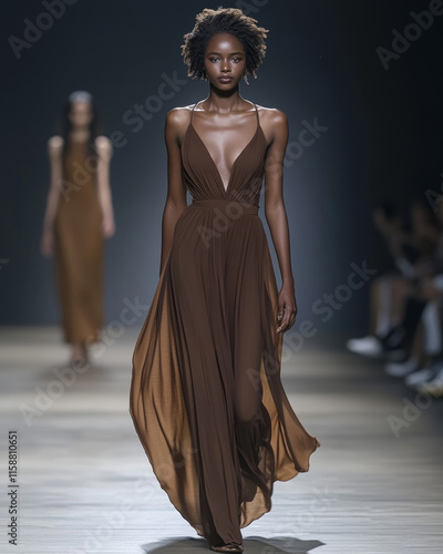 A runway model showcasing a flowing mocha mousse maxi dress with subtle draping, walking on a minimalist runway