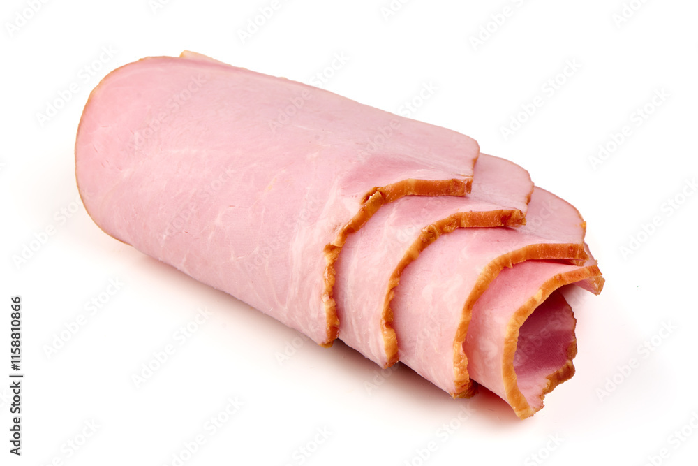 Thinly Sliced Ham, boiled sausage, isolated on white background. Thinly Sliced Ham, boiled sausage, isolated on white background.