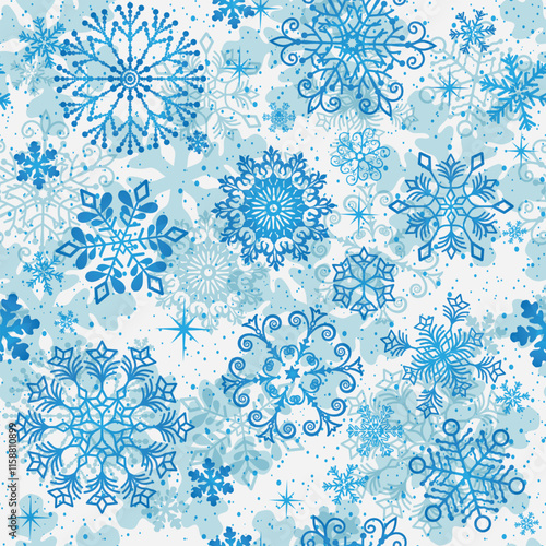 Vector seamless Christmas hand drown pattern with snowflakes and stars on a white background