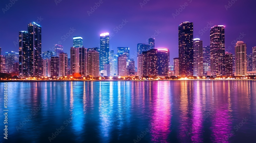 Obraz premium Vibrant city skyline reflected in calm water at night.