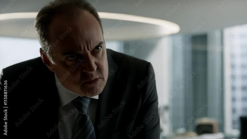 Angry corporate executive displaying intense emotions during heated disagreement in modern office meeting Angry corporate executive displaying intense emotions during heated disagreement in modern office meeting