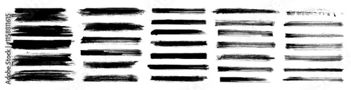 Black paint brush stroke set. Rough texture vector lines. Grunge edge marker stripes. Grungy hand-drawn dry ink brushstroke collection. Straight long smear halftone underlines. Rectangular frames pack