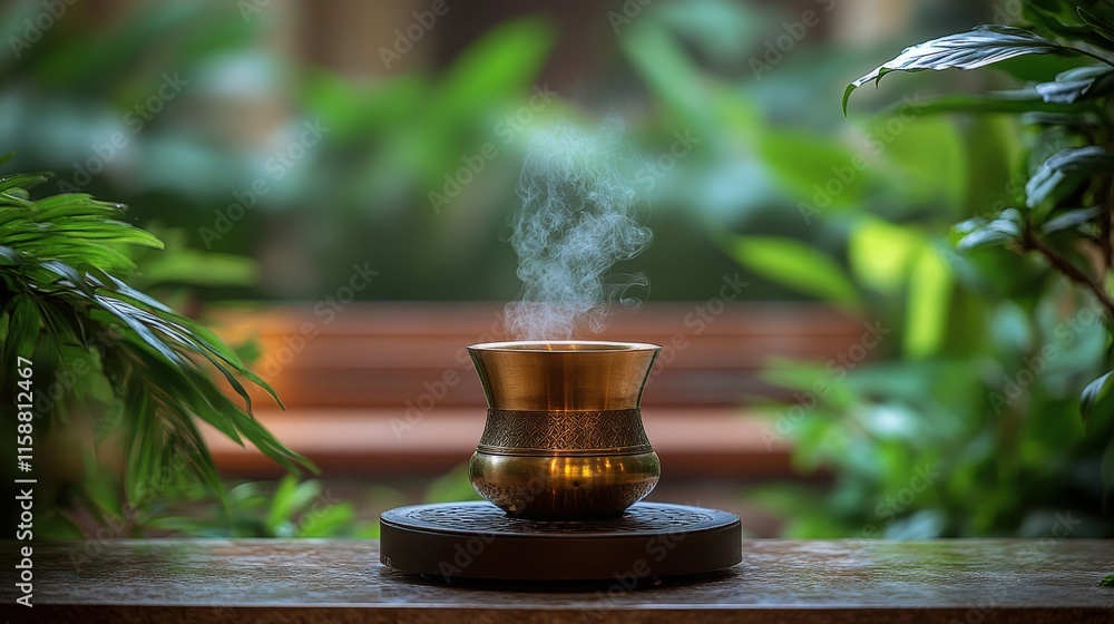 Brewing coffee in a lush garden with a brass cezve in Lebanon Brewing coffee in a lush garden with a brass cezve in Lebanon